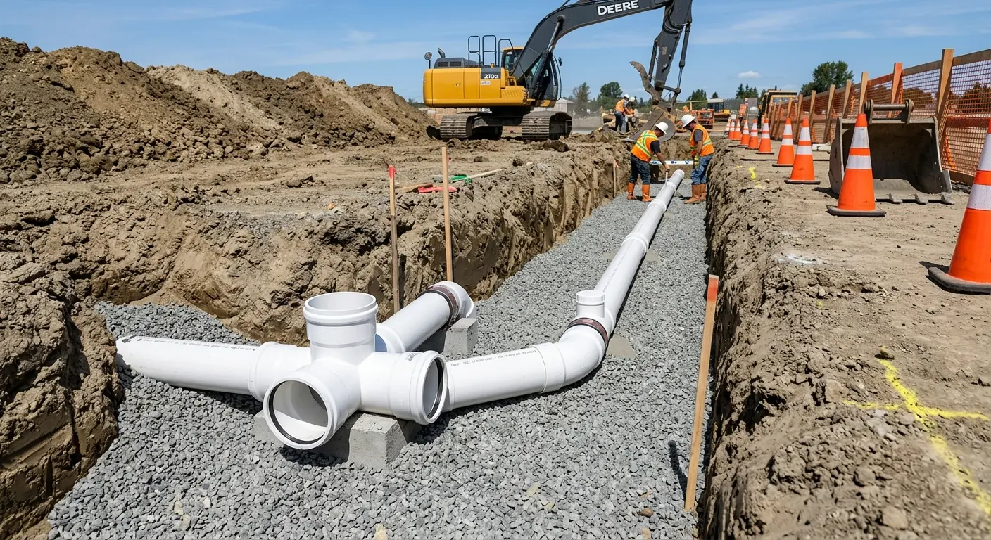 New PVC sewer pipe installation in open trench for Sewer Backup in Hugo